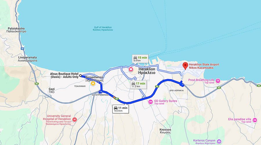 Sijaintimme - Ammoudara (Amoudara Beach) Heraklion, Alsus Boutique Hotel 5 Ammoudaran rannan etäisyys Iraklionin lentokentälle