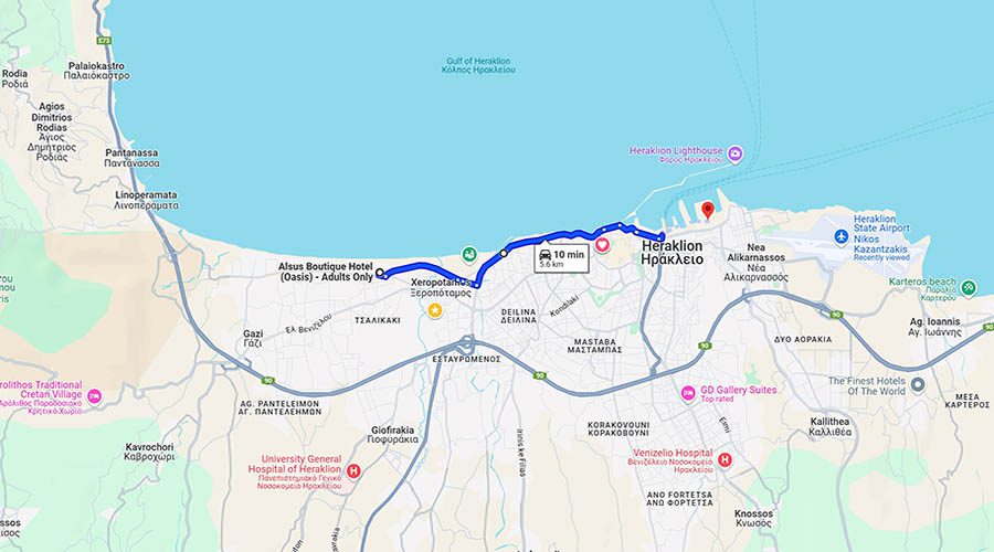 Sijaintimme - Ammoudara (Amoudara Beach) Heraklion, Alsus Boutique Hotel 6 Ammoudaran rannan etäisyys Iraklionin lentokentän lauttasatamaan
